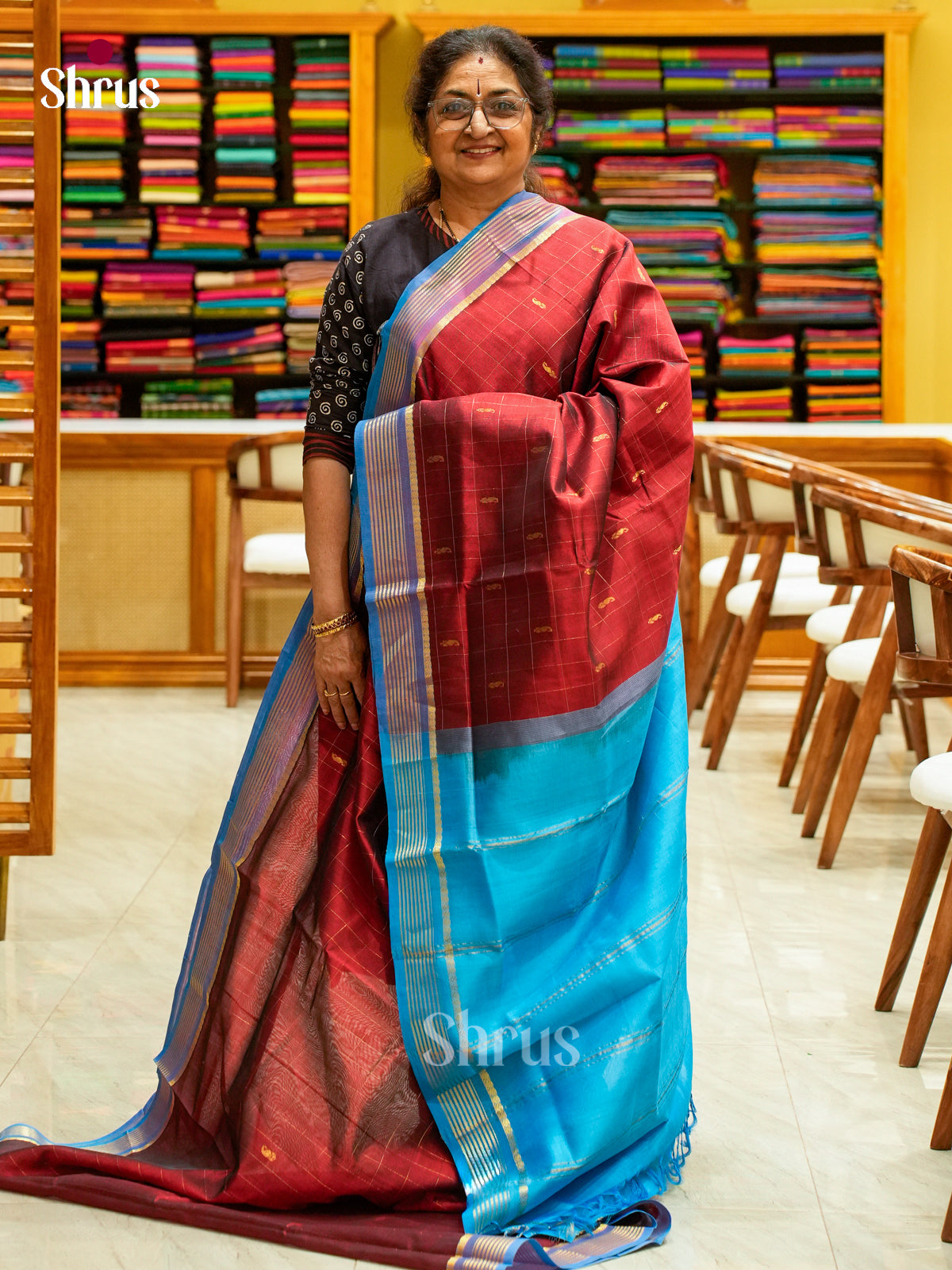 Maroon Silk Cotton Saree with Mango / Paisley Buttas | Sky Blue Contrast Border - Shop on Shrus.com