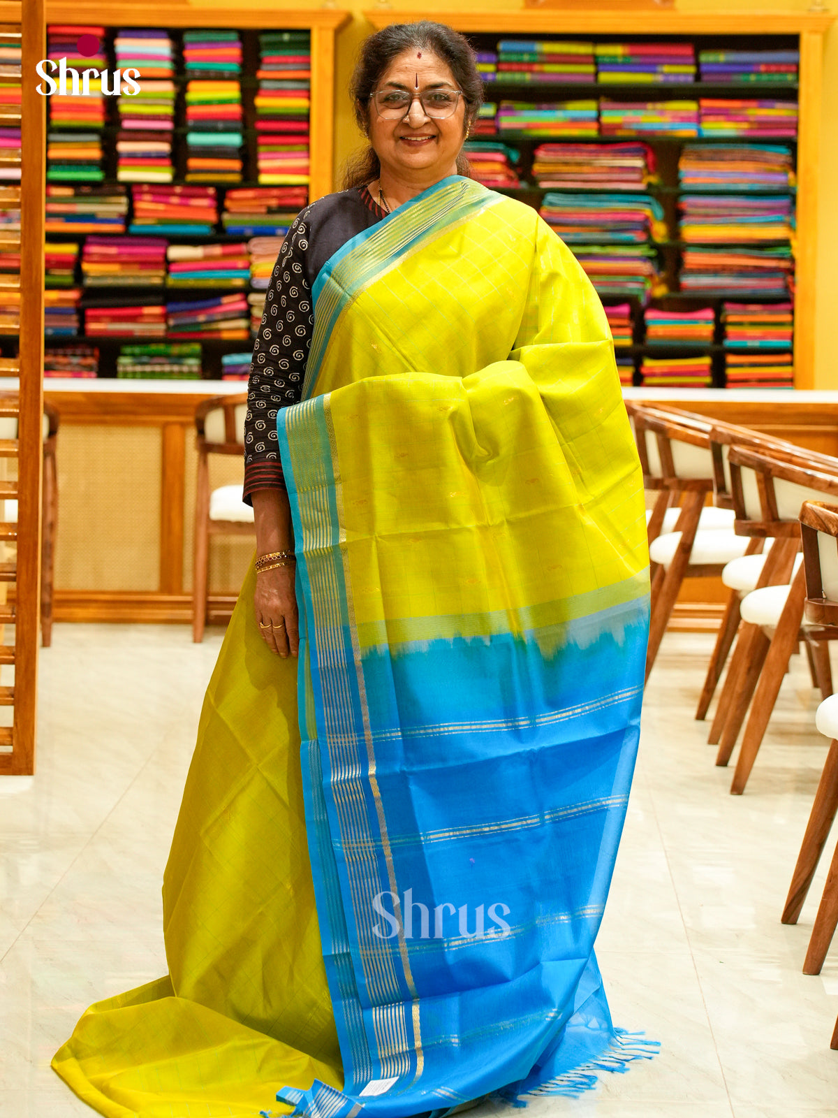 Olive Green Silk Cotton Saree with Checks with Buttas | Sky Blue Contrast Border - Shop on Shrus.com
