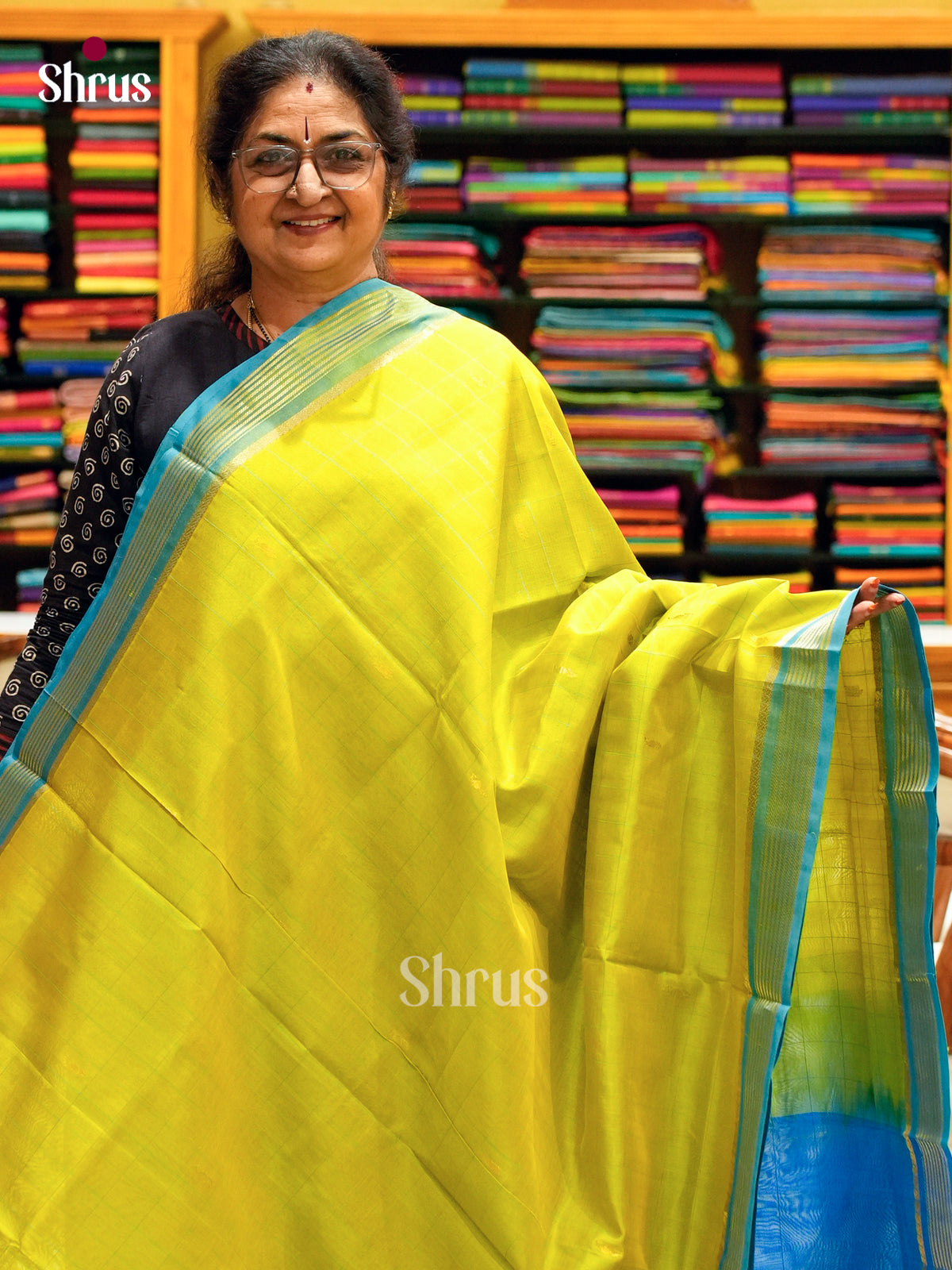 Olive Green Silk Cotton Saree with Checks with Buttas | Sky Blue Contrast Border - Shop on Shrus.com