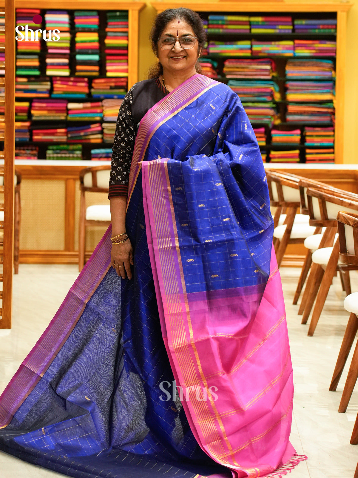 Royal Blue Silk Cotton Saree with Mango / Paisley Buttas | Pink Contrast Border - Shop on Shrus.com