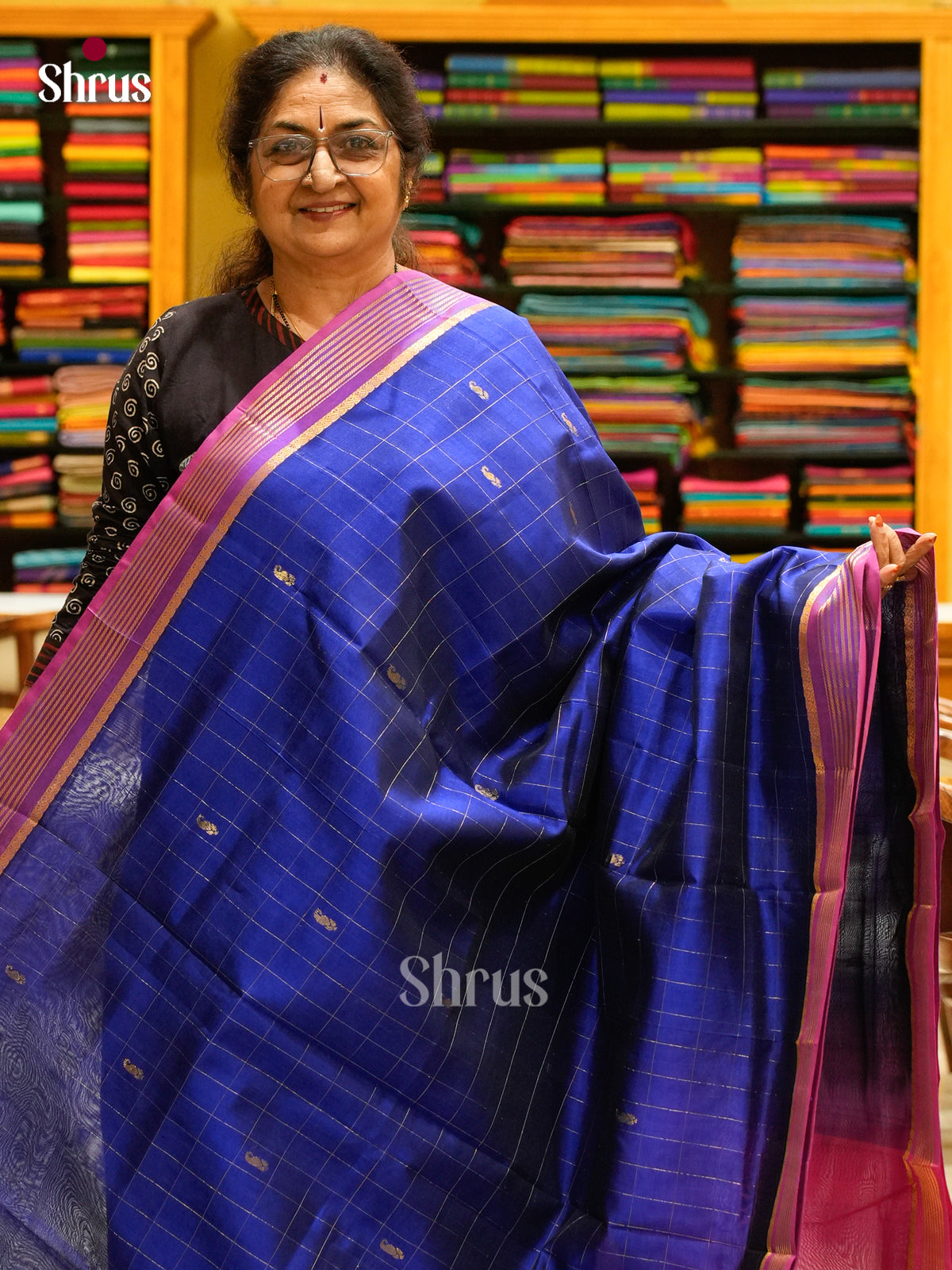 Royal Blue Silk Cotton Saree with Mango / Paisley Buttas | Pink Contrast Border - Shop on Shrus.com