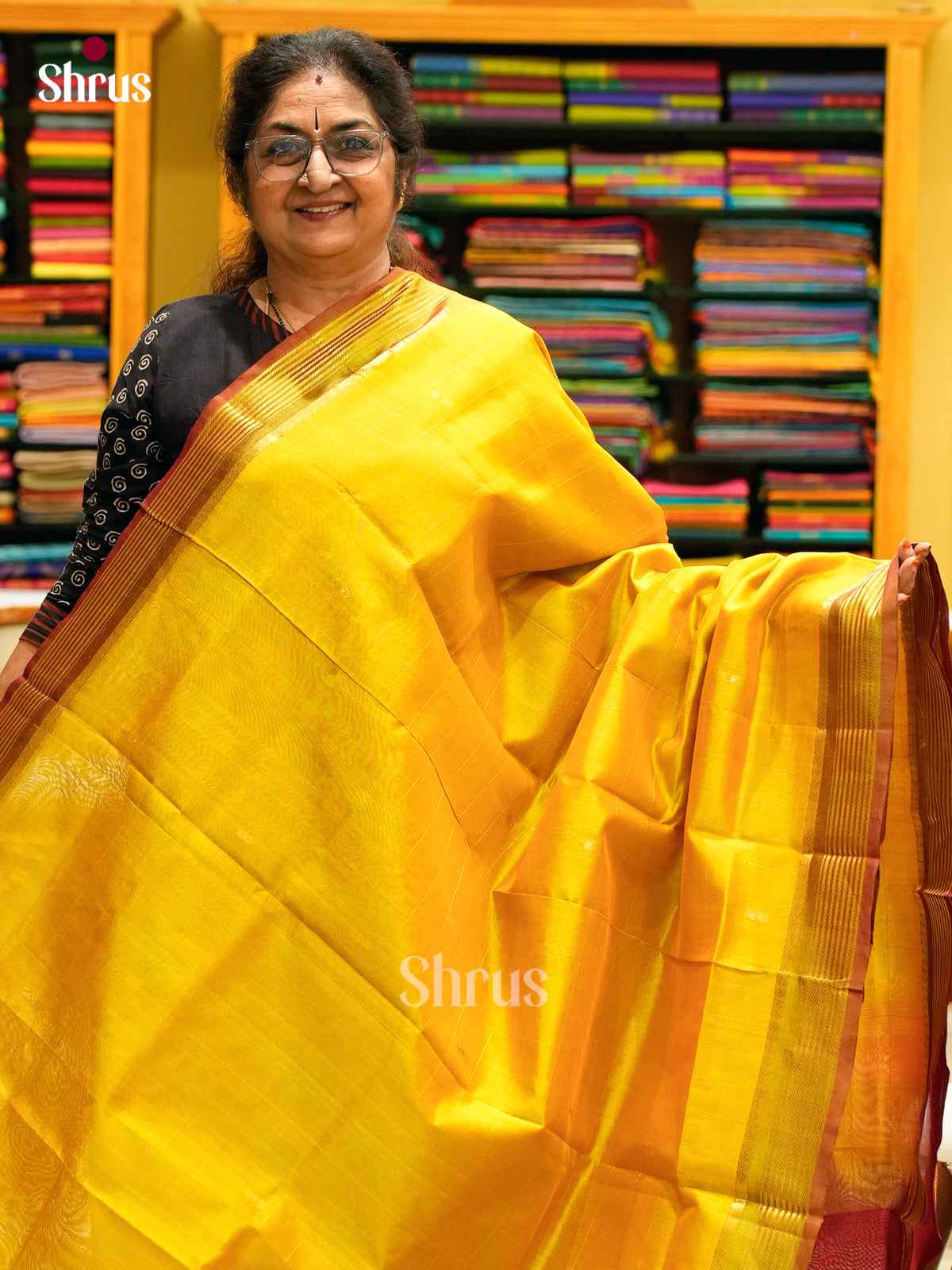 Yellow Silk Cotton Saree with Mango / Paisley Buttas | Red Contrast Border