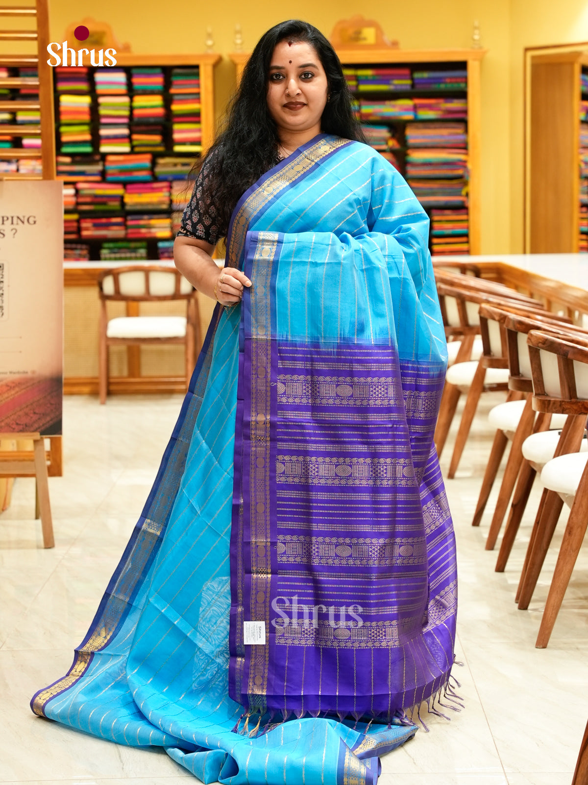 Sky Blue Silk Cotton Saree with Stripes | Violet Contrast Border