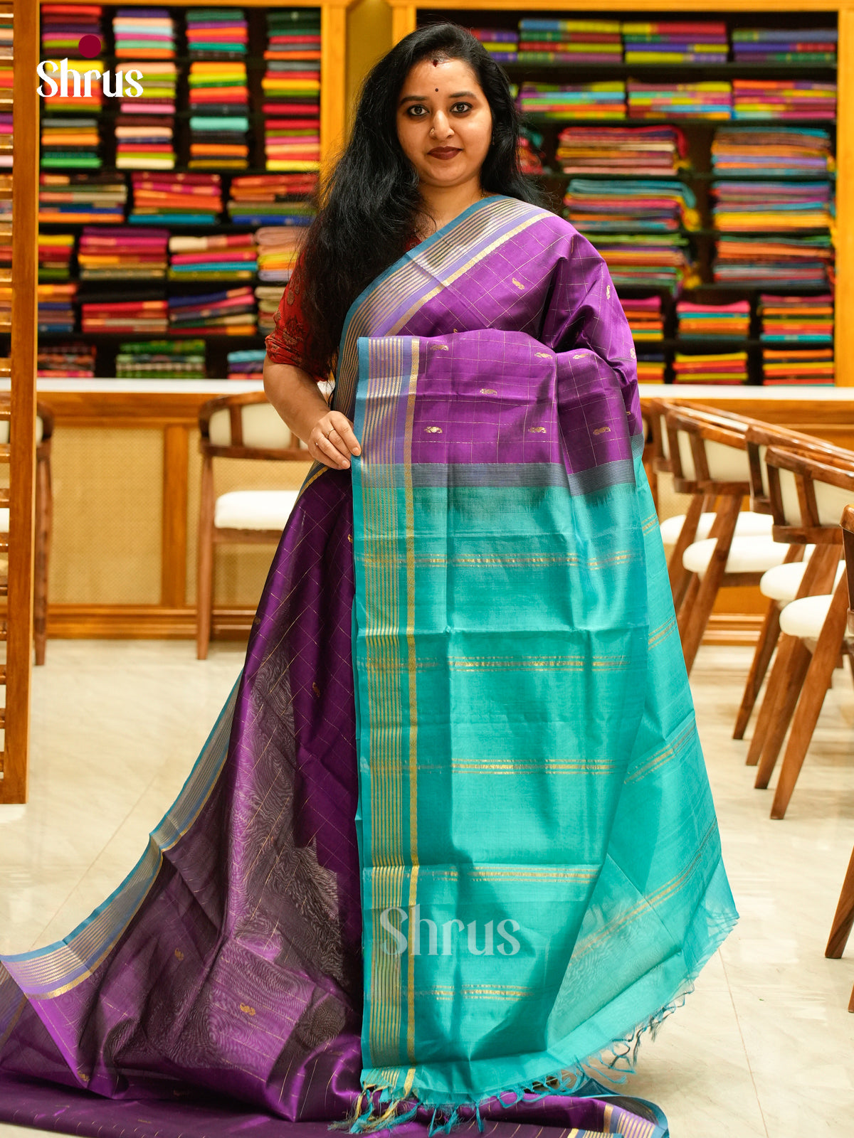 Magenta Silk Cotton Saree with Checks | Turquoise Contrast Border