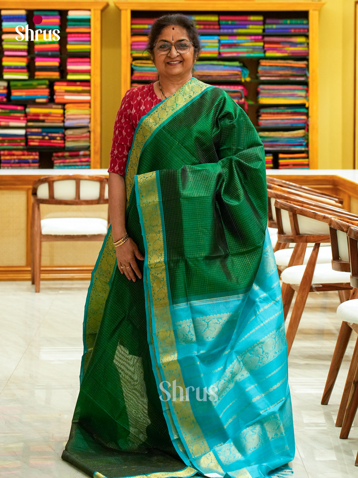 Dark Green Silk Cotton Saree with Checks | Turquoise Contrast Border — EFS29364