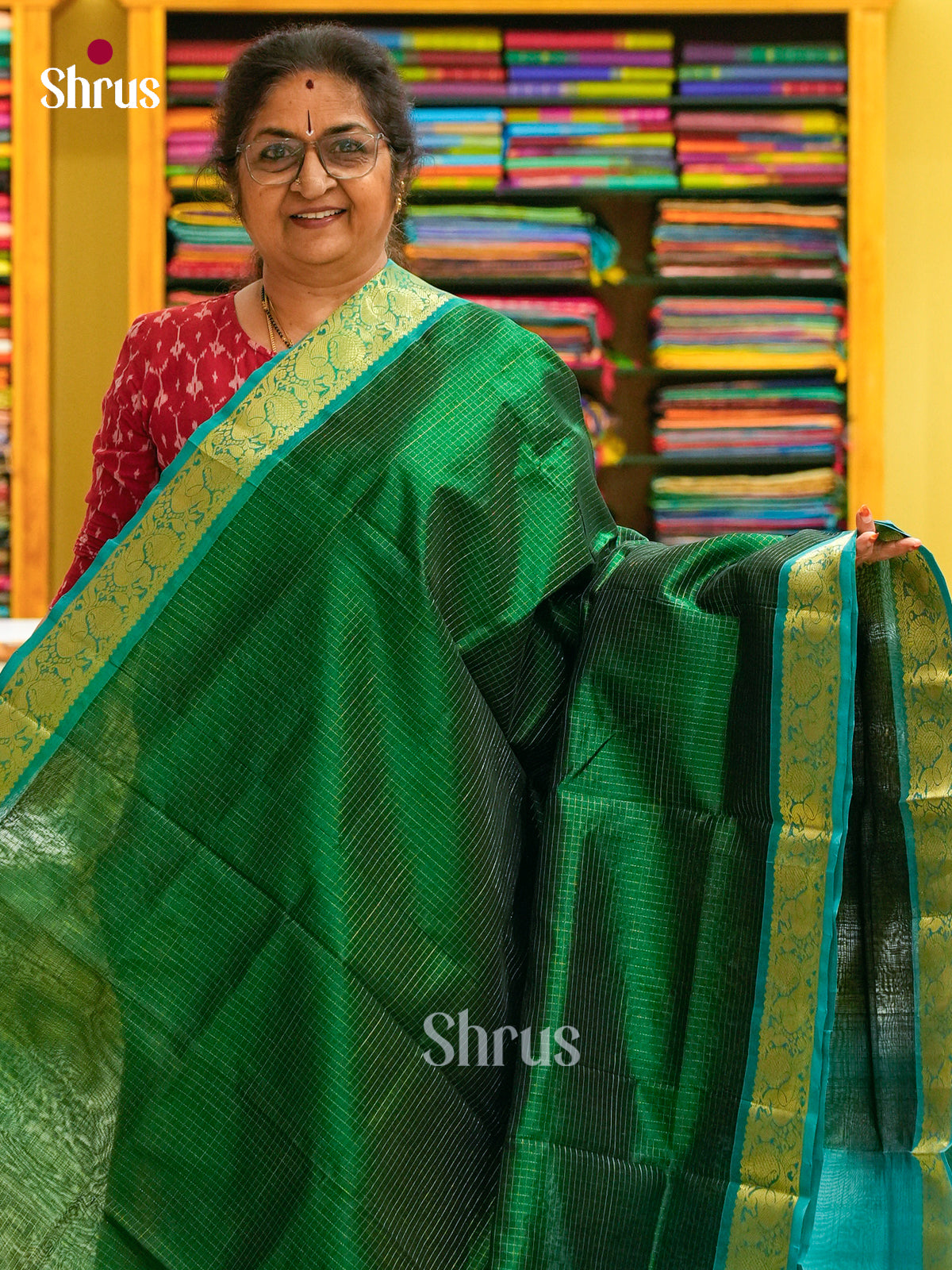 Dark Green Silk Cotton Saree with Checks | Turquoise Contrast Border — EFS29364