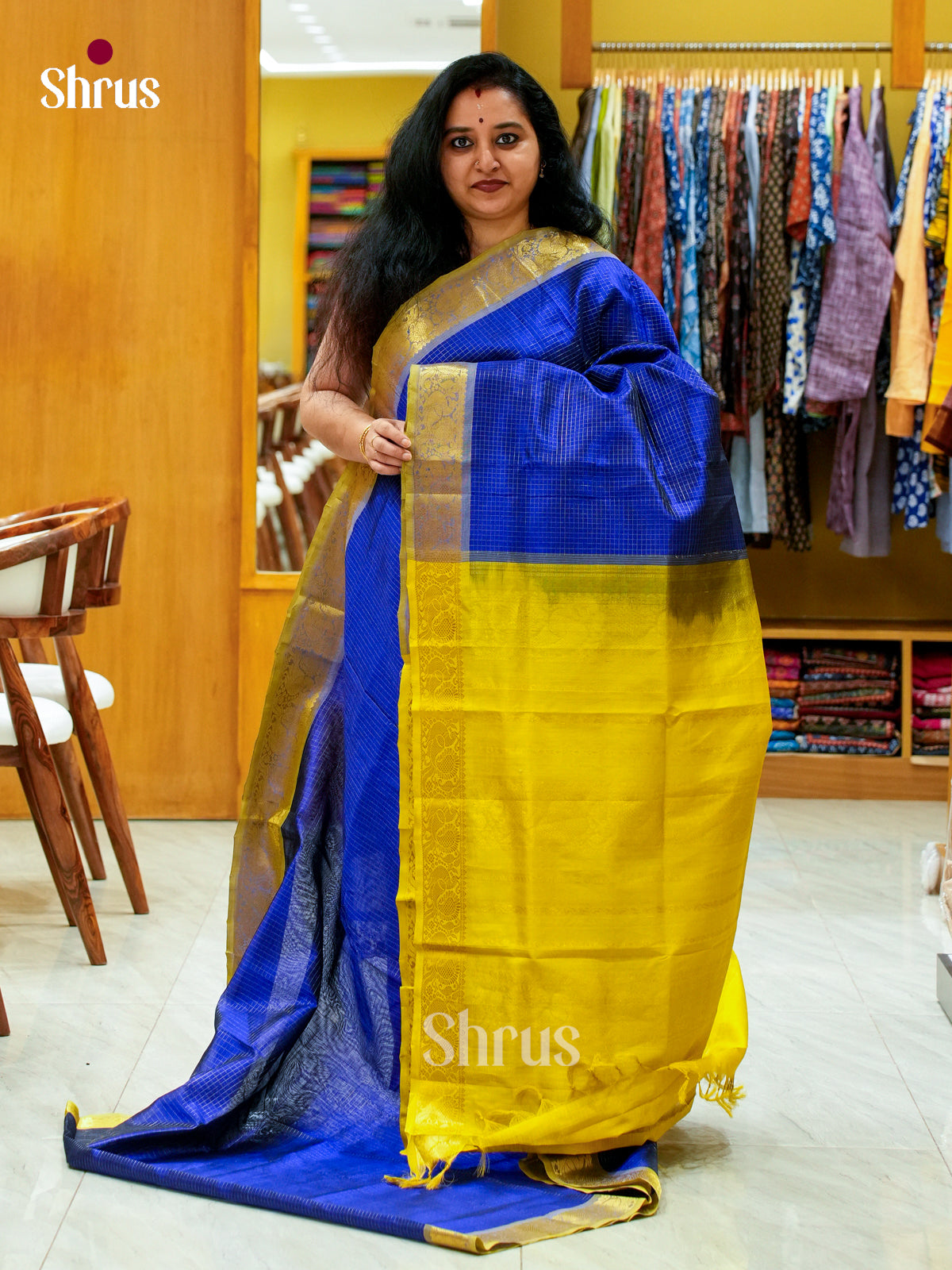 Blue Silk Cotton Saree with Checks | Olive Green Contrast Border