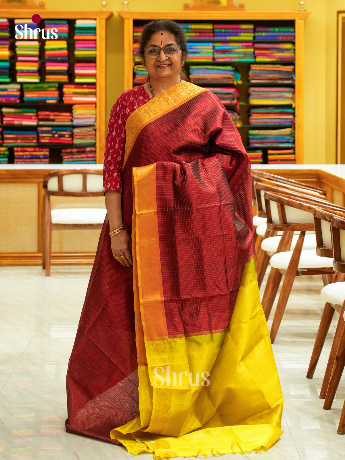 Maroon Silk Cotton Saree with Checks | Olive Green Border