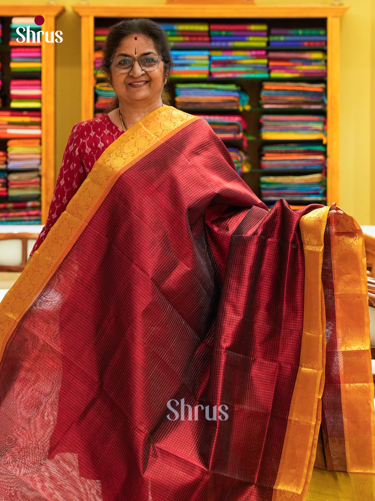 Maroon Silk Cotton Saree with Checks | Olive Green Border