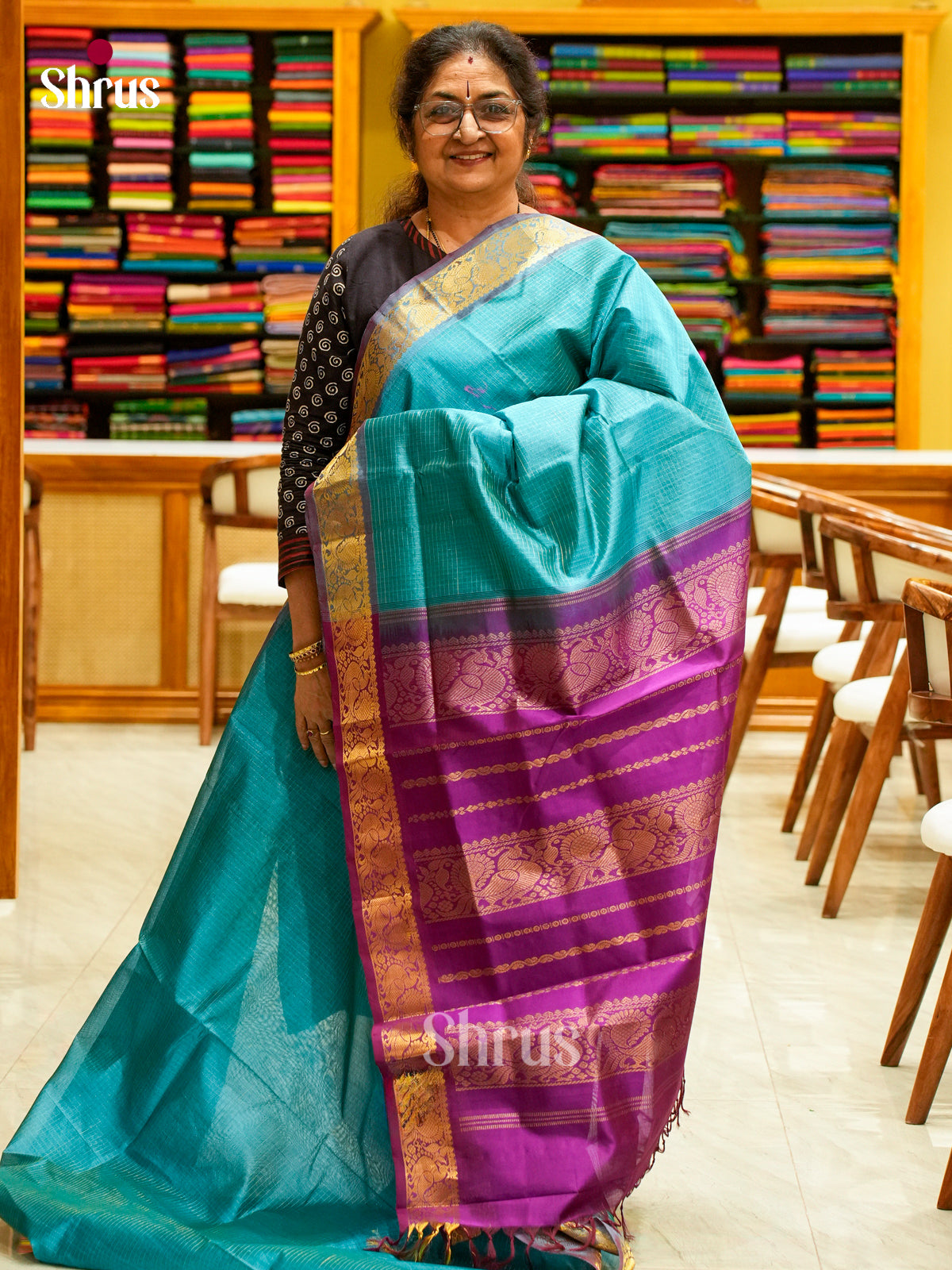 Rama Green Silk Cotton Saree with Checks | Magenta Contrast Border - Shop on Shrus.com