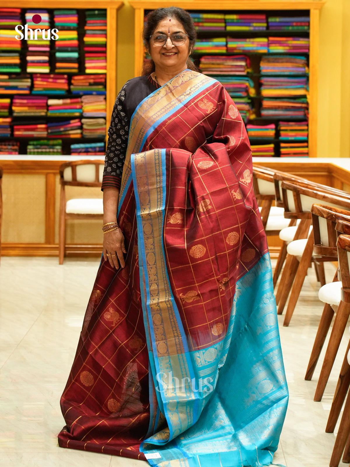 Maroon Silk Cotton Saree with Peacock Buttas | Sky Blue Contrast Border - Shop on Shrus.com