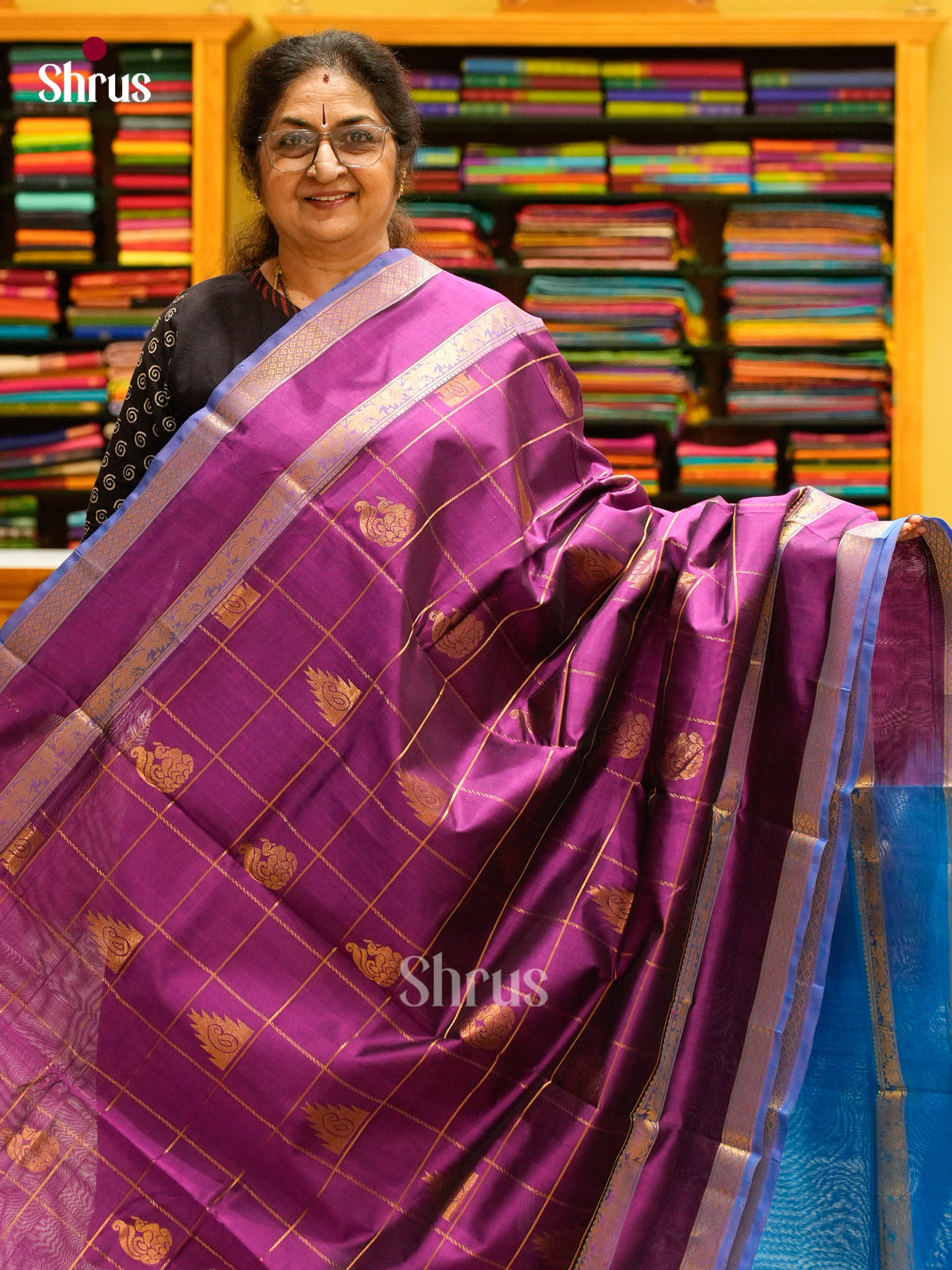 Magenta Silk Cotton Saree with Peacock Buttas | Sky Blue Contrast Border - Shop on Shrus.com