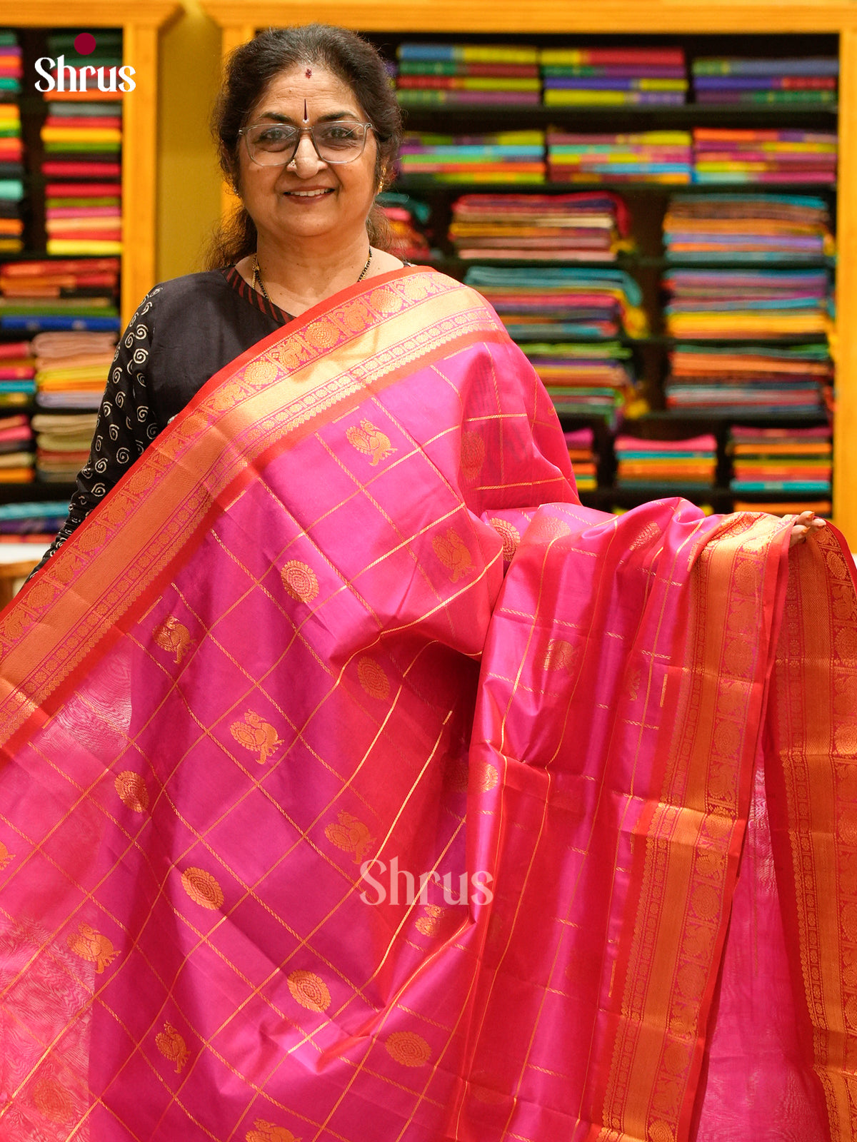 Pink Silk Cotton Saree with Peacock Buttas | Red Contrast Border