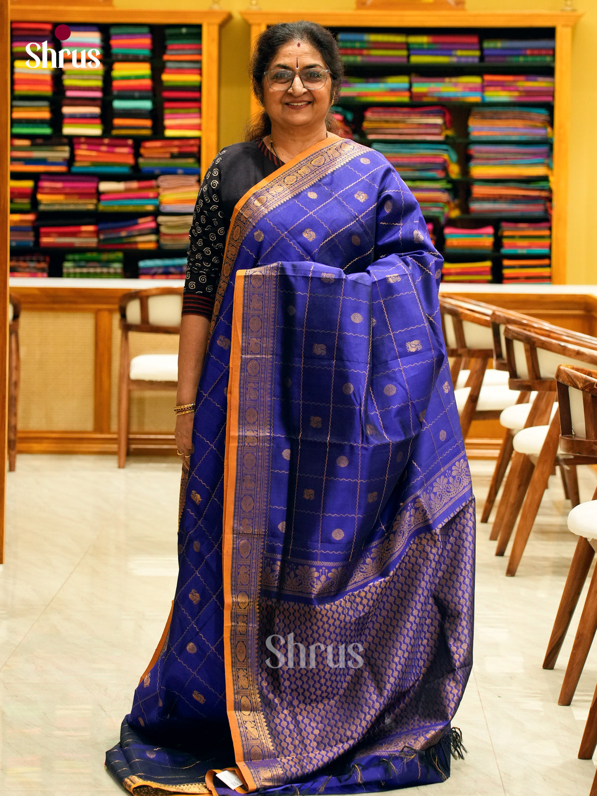 Blue Silk Cotton Saree with Checks with Buttas and Peacock Buttas - Shop on Shrus.com