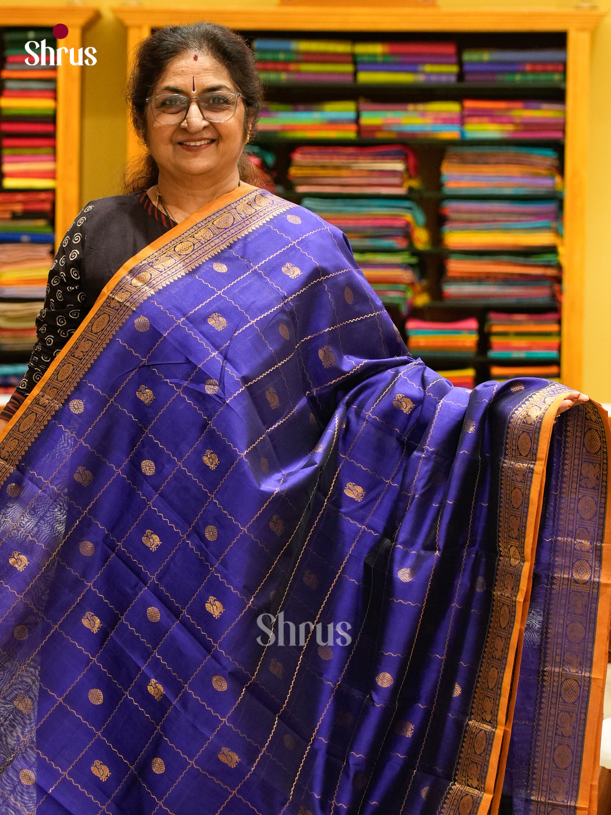 Blue Silk Cotton Saree with Checks with Buttas and Peacock Buttas - Shop on Shrus.com