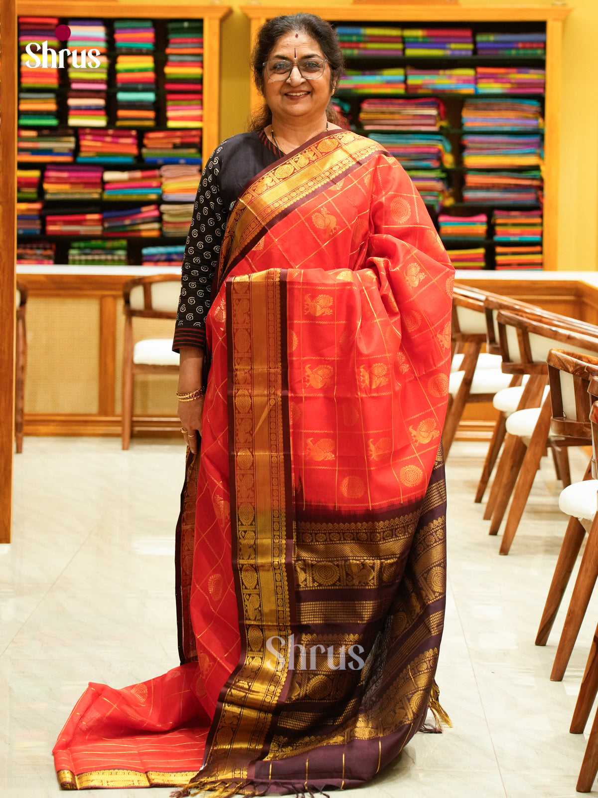 Red Silk Cotton Saree with Checks with Buttas and Peacock Buttas | Brown Contrast Border - Shop on Shrus.com