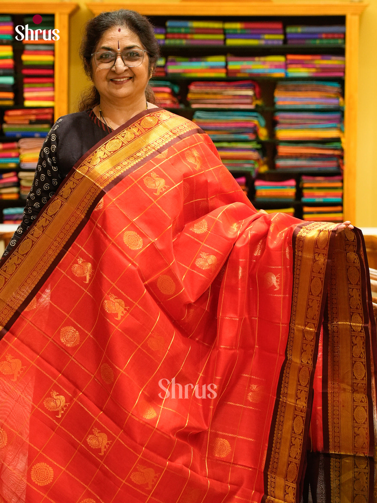 Red Silk Cotton Saree with Checks with Buttas and Peacock Buttas | Brown Contrast Border - Shop on Shrus.com