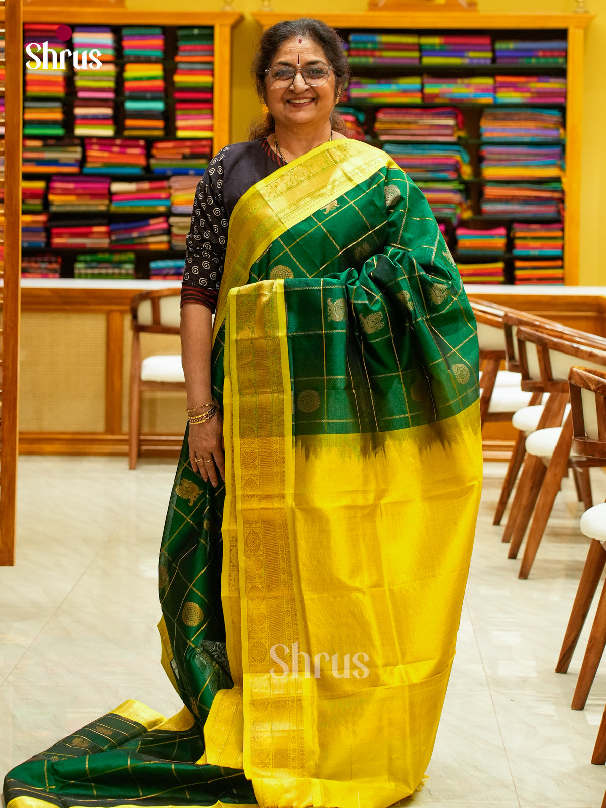 Dark Green Silk Cotton Saree with Checks with Buttas and Coin Buttas | Olive Green Contrast Border - Shop on Shrus.com