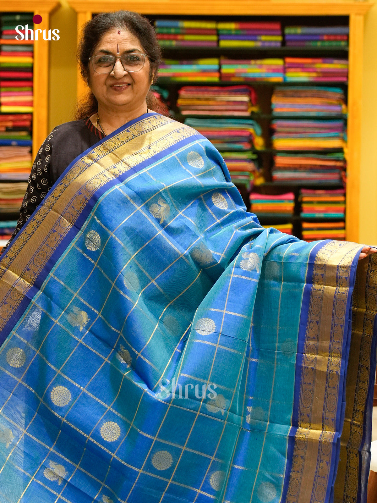 Peacock Blue Silk Cotton Saree with Coin Buttas | Blue Contrast Border - Shop on Shrus.com