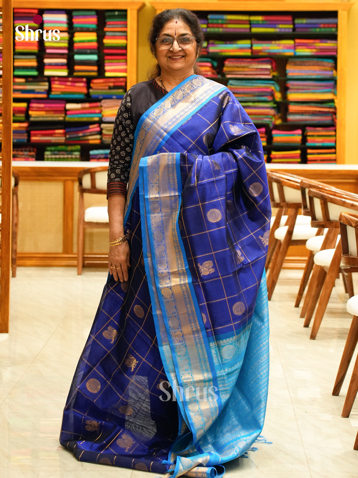 Royal Blue Silk Cotton Saree with Coin Buttas | Sky Blue Contrast Border - Shop on Shrus.com