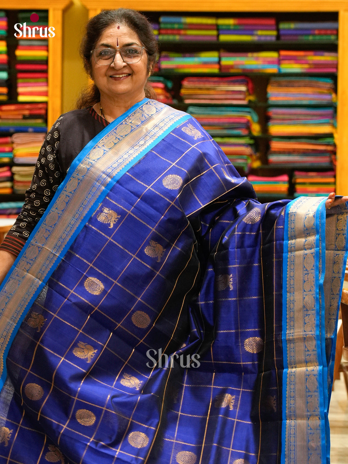Royal Blue Silk Cotton Saree with Coin Buttas | Sky Blue Contrast Border - Shop on Shrus.com