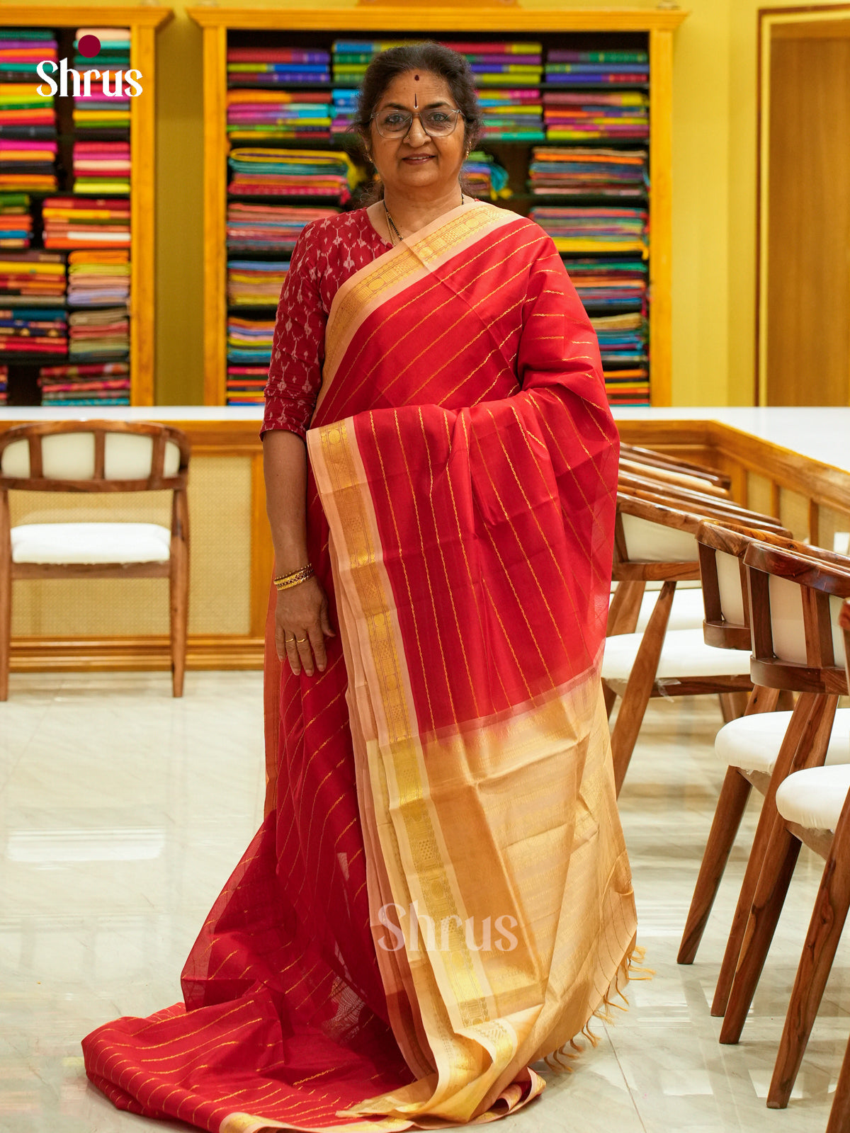 Red Silk Cotton Saree with Stripes | Peach Contrast Border