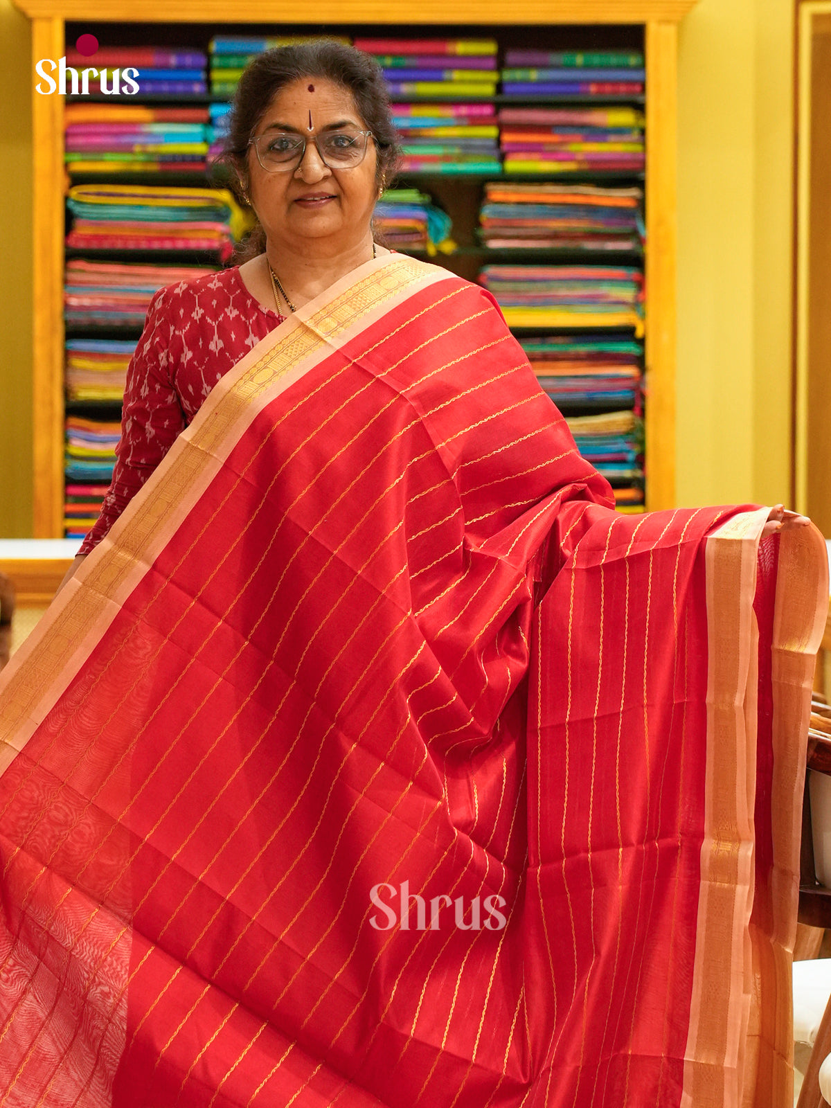 Red Silk Cotton Saree with Stripes | Peach Contrast Border