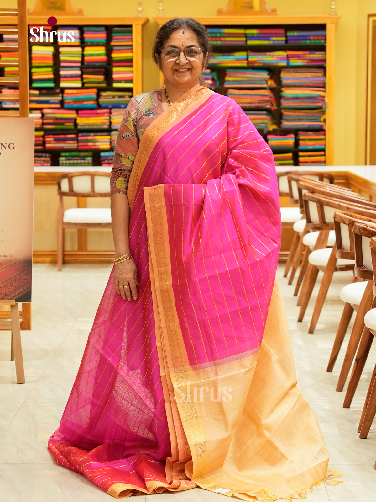 Pink Silk Cotton Saree with Stripes | Peach Contrast Border