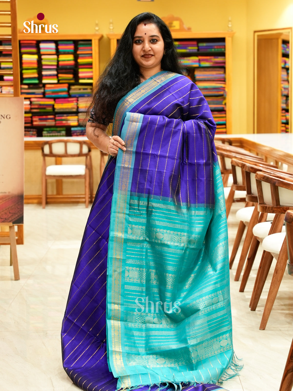 Royal Blue Silk Cotton Saree with Stripes | Turquoise Contrast Border