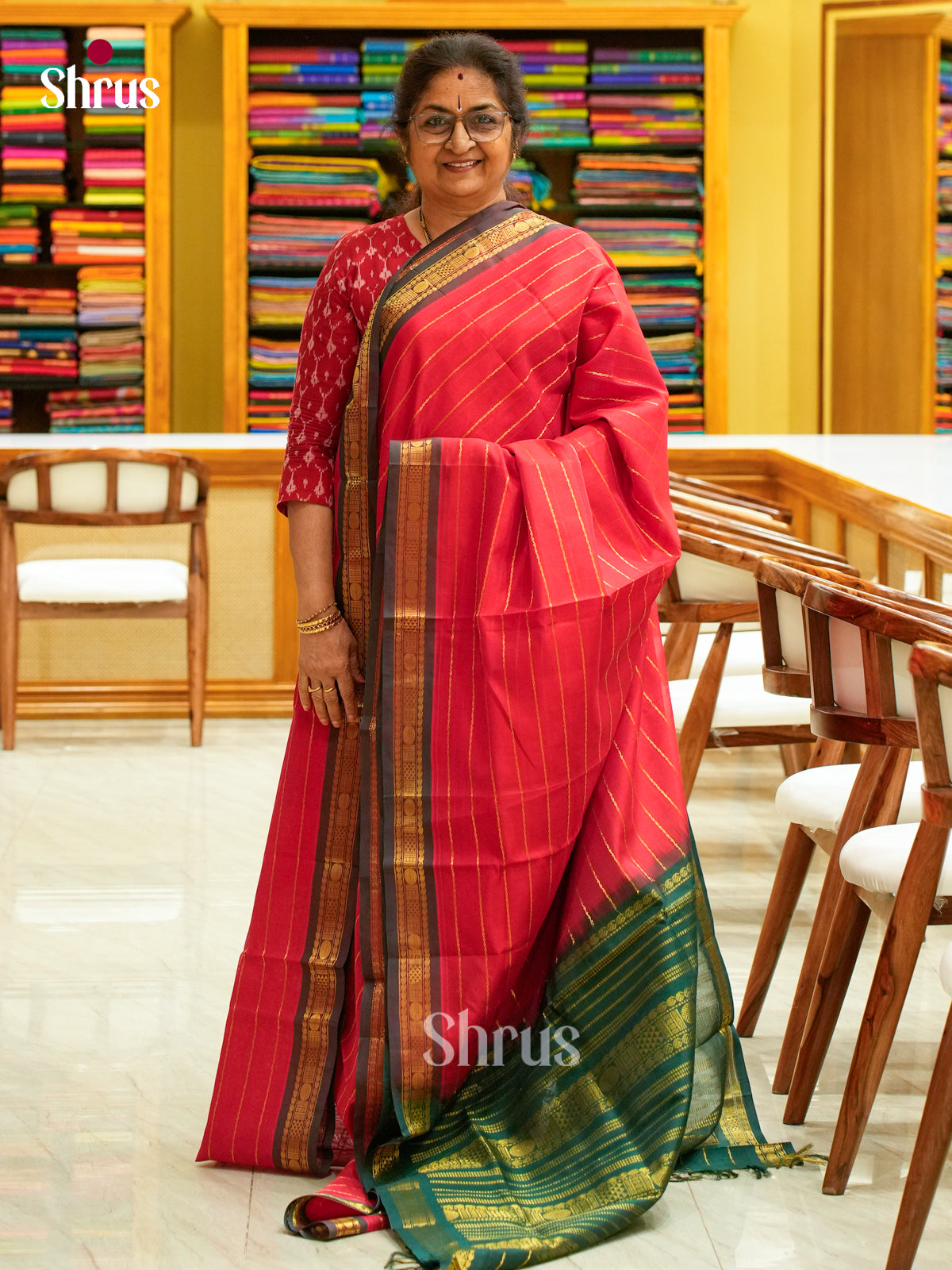 Red Silk Cotton Saree with Stripes | Dark Green Contrast Border