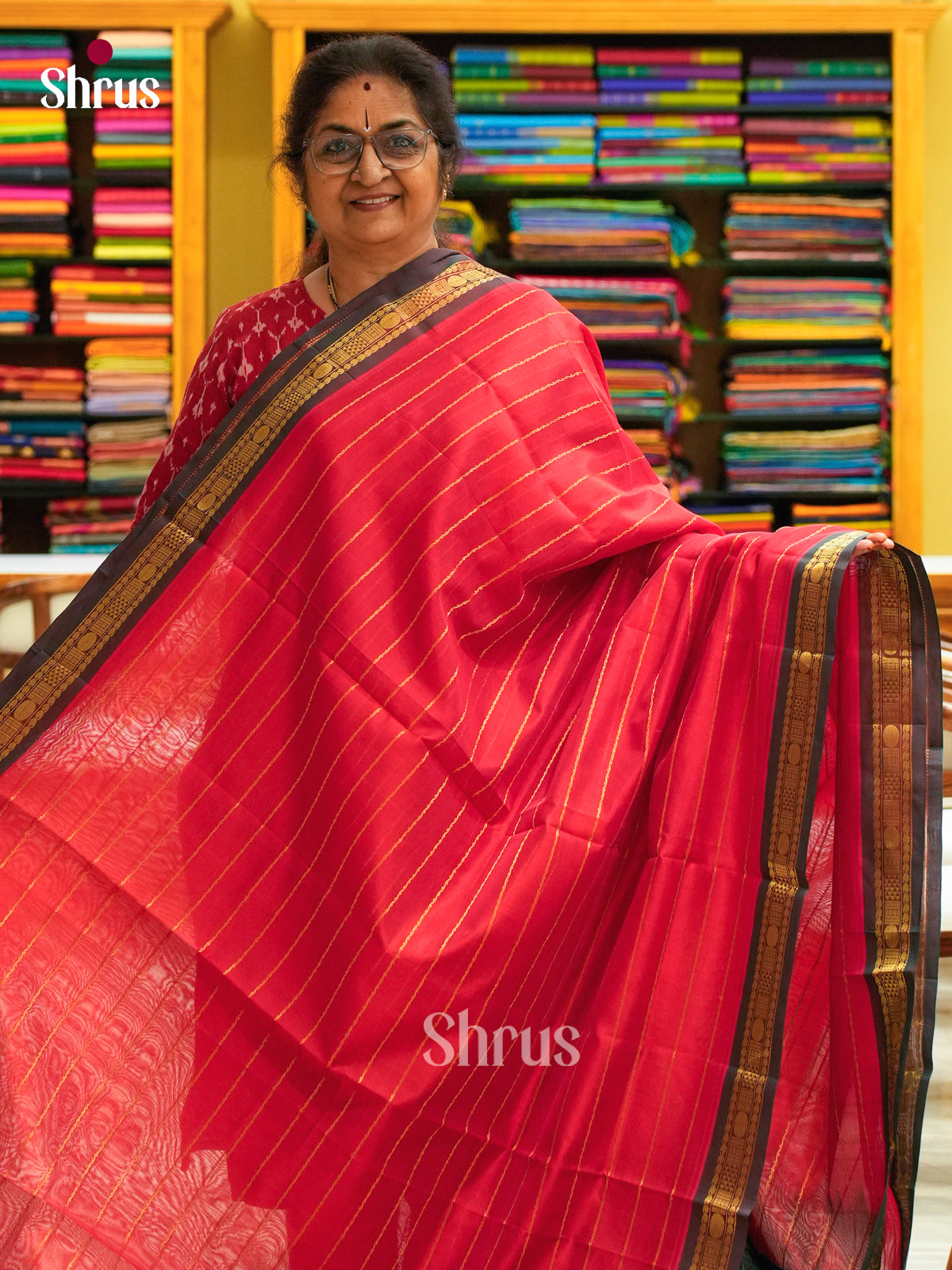 Red Silk Cotton Saree with Stripes | Dark Green Contrast Border