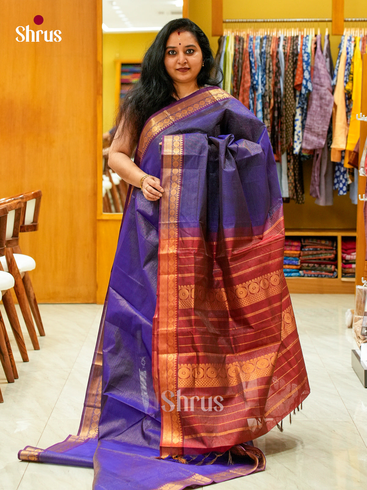 Royal Blue Silk Cotton Saree with Lines and Vaira Oosi | Maroon Contrast Border