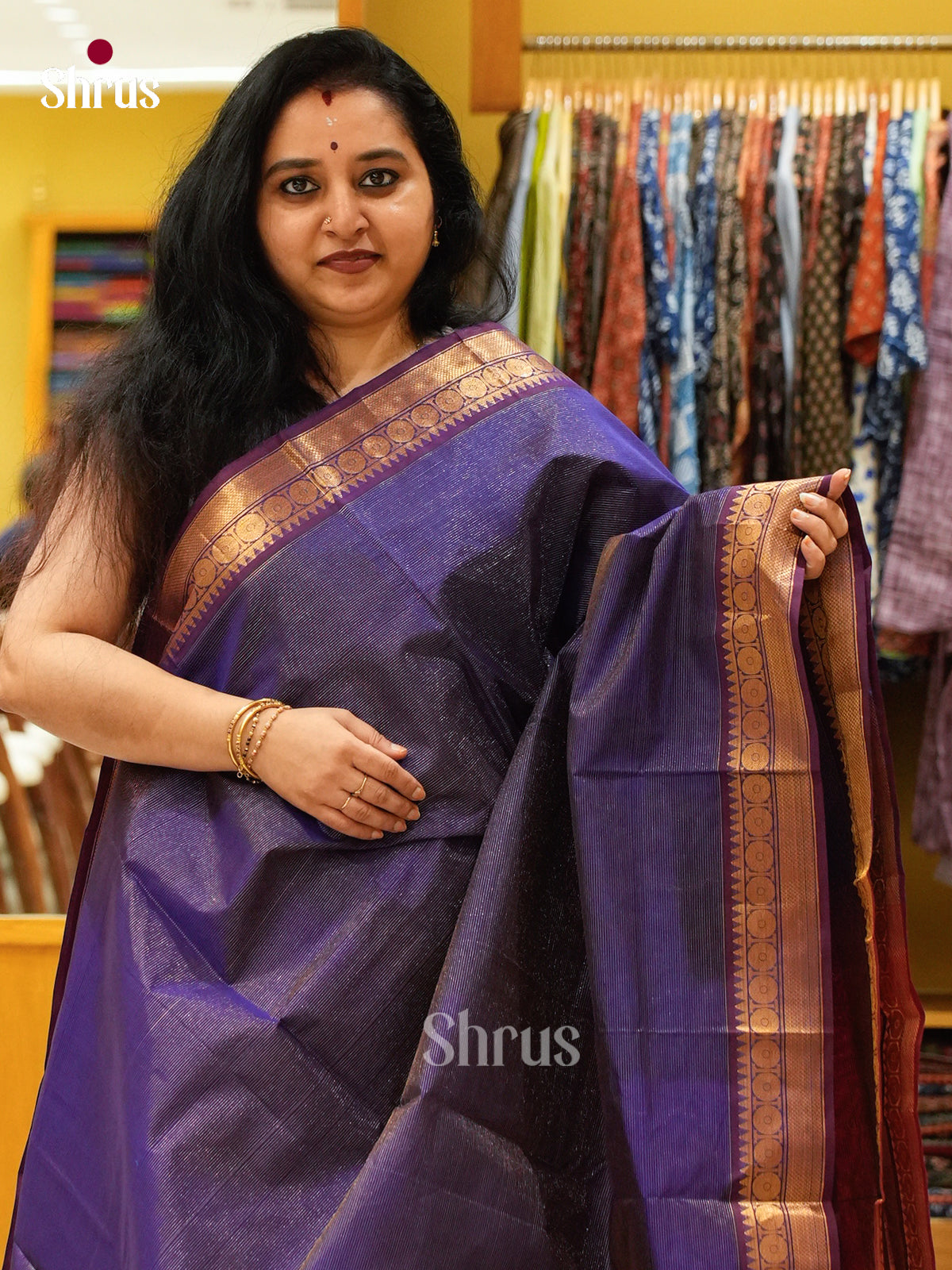 Royal Blue Silk Cotton Saree with Lines and Vaira Oosi | Maroon Contrast Border