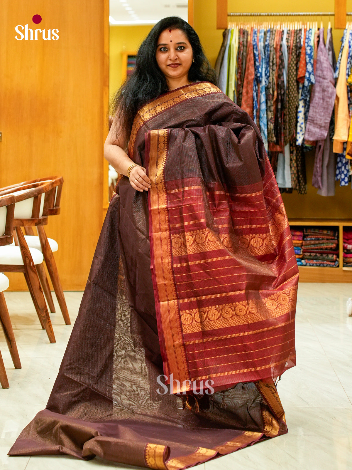 Dark Brown Silk Cotton Saree with Lines and Vaira Oosi | Dark Maroon Contrast Border