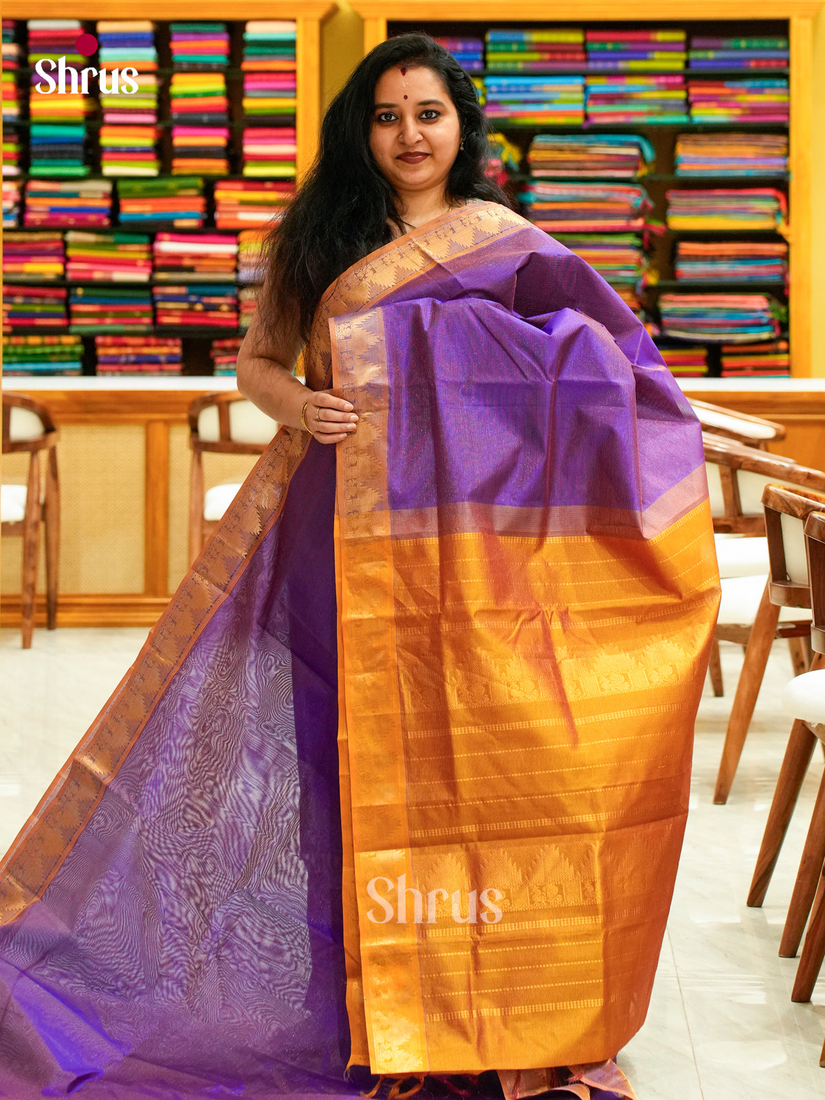 Violet Silk Cotton Saree with Lines and Vaira Oosi | Mustard Contrast Border