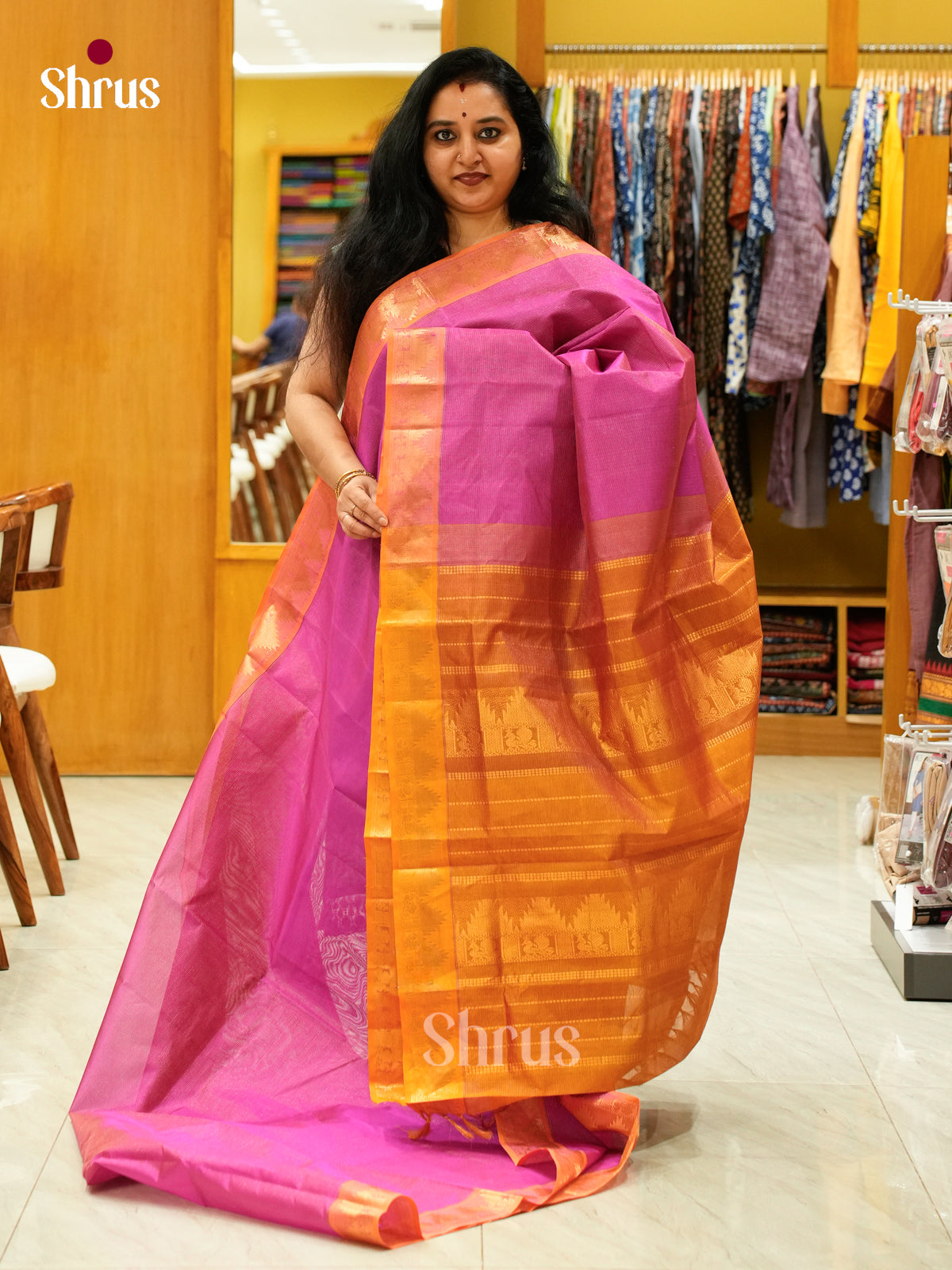 Baby Pink Silk Cotton Saree with Lines and Vaira Oosi | Mustard Contrast Border