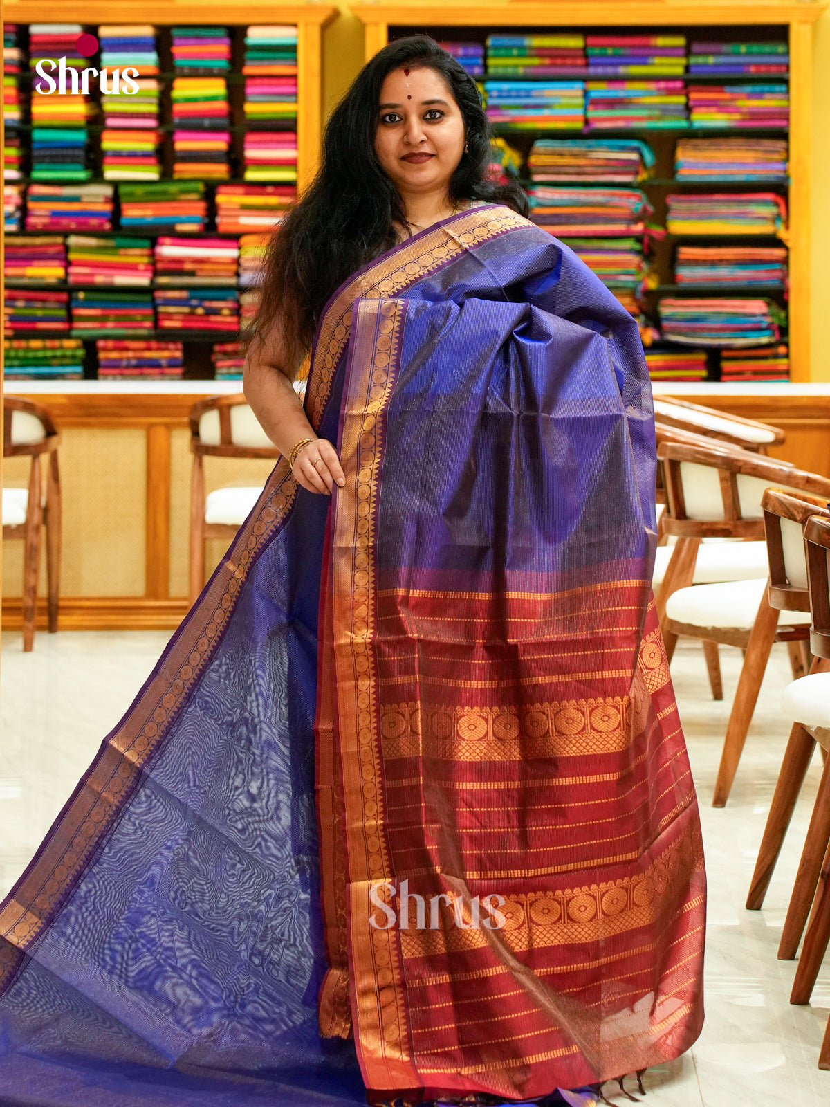 Blue Silk Cotton Saree with Lines and Vaira Oosi | Maroon Contrast Border