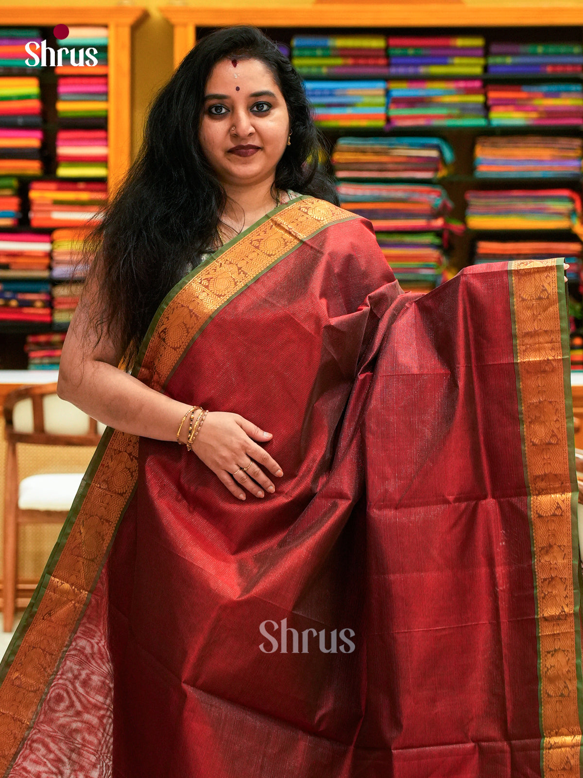 Dark Maroon Silk Cotton Saree with Lines and Vaira Oosi | Green Contrast Border