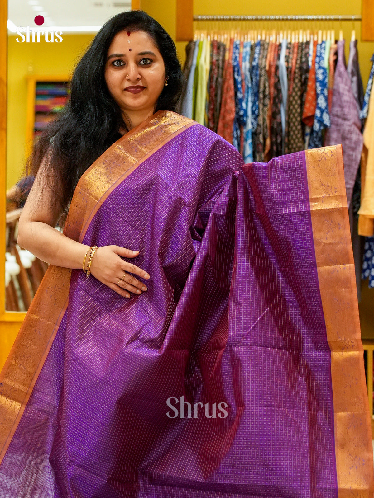 Violet Silk Cotton Saree with Checks and Thousand Buttas | Mustard Contrast Border