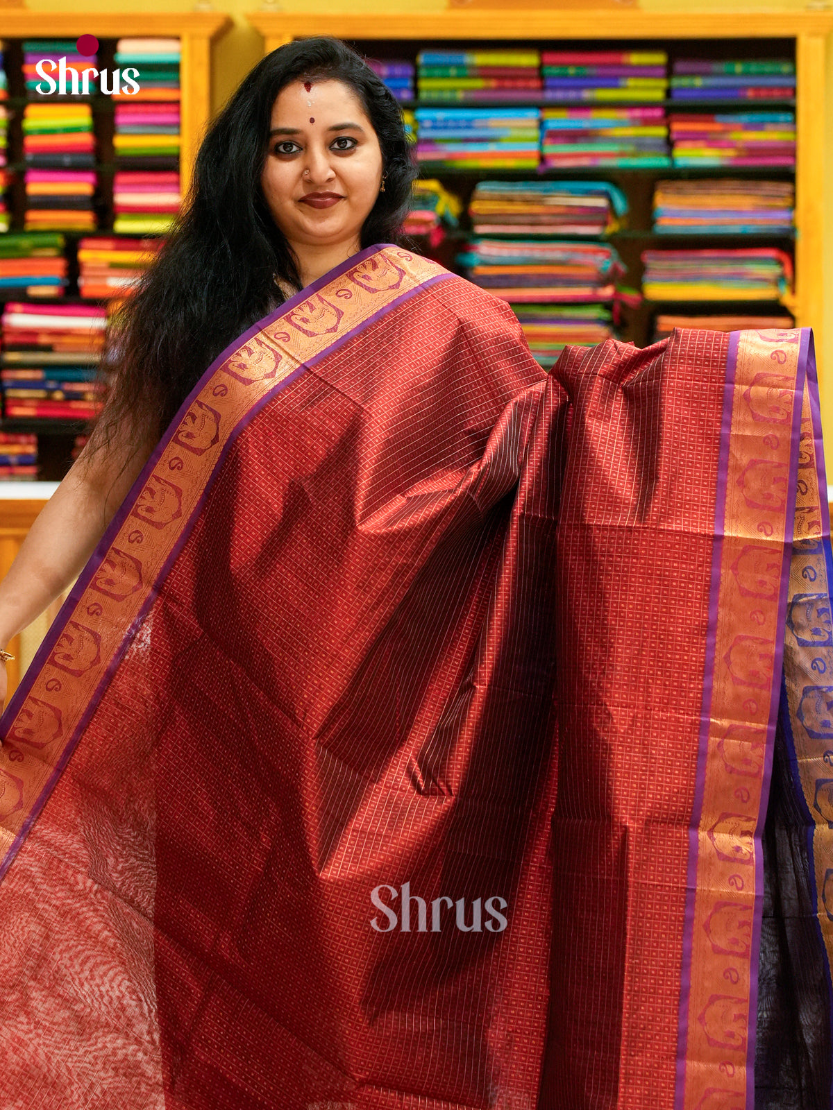Maroon Silk Cotton Saree with Checks and Thousand Buttas | Blue Contrast Border