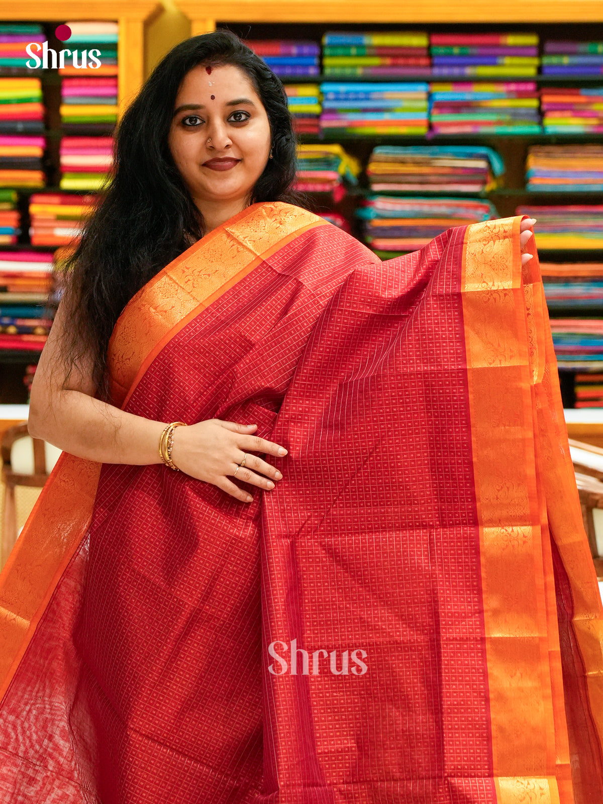 Red Silk Cotton Saree with Checks and Thousand Buttas | Mustard Contrast Border