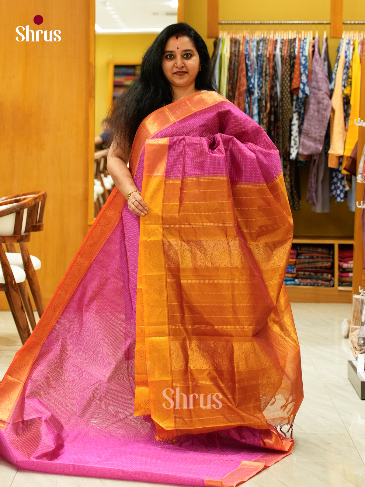 Pink Silk Cotton Saree with Checks and Thousand Buttas | Mustard Contrast Border