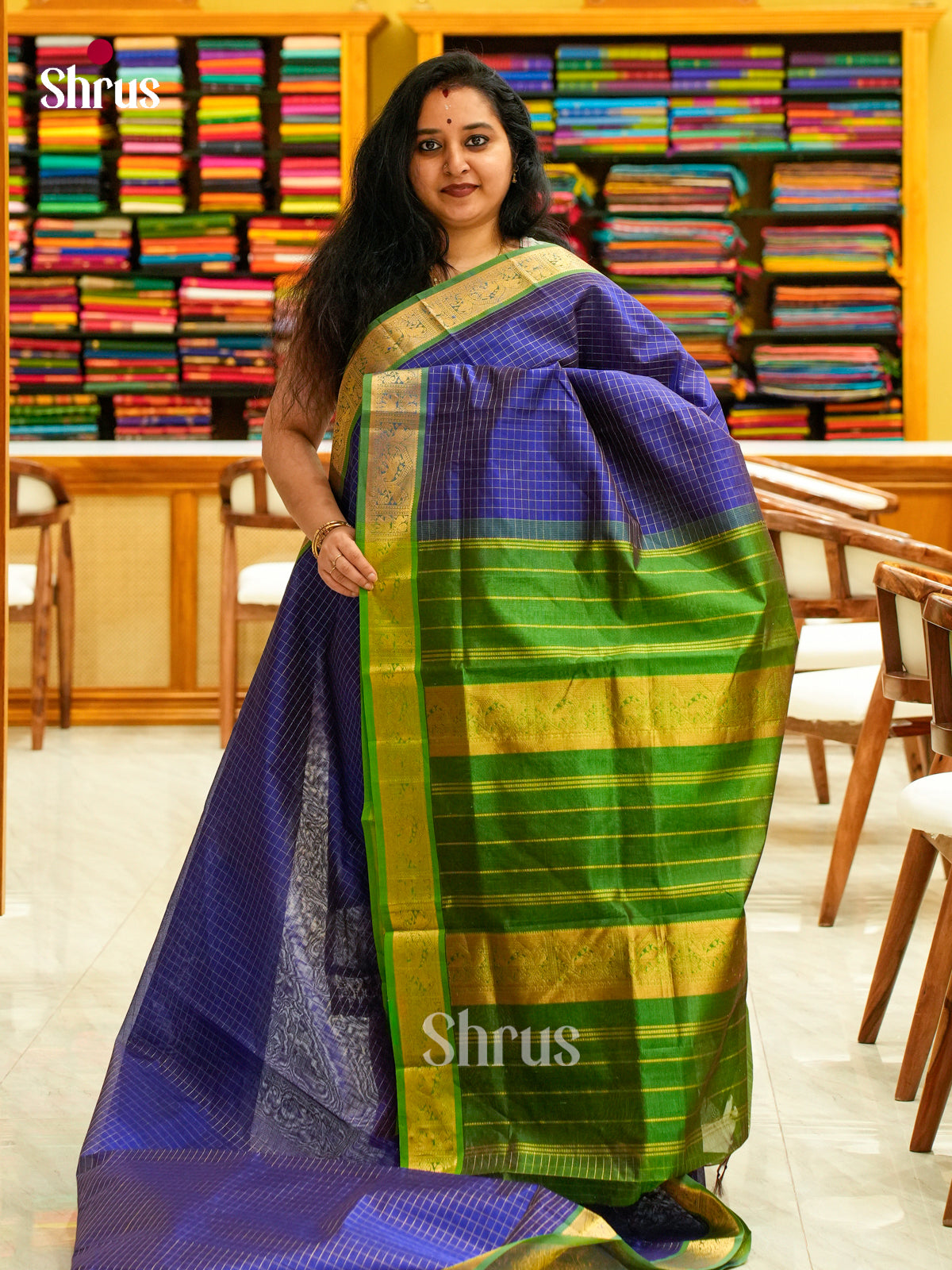 Royal Blue Silk Cotton Saree with Checks | Green Contrast Border