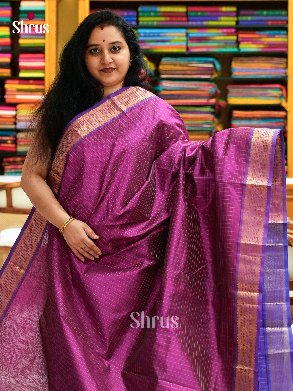 Pink Silk Cotton Saree with Checks | Royal Blue Contrast Border