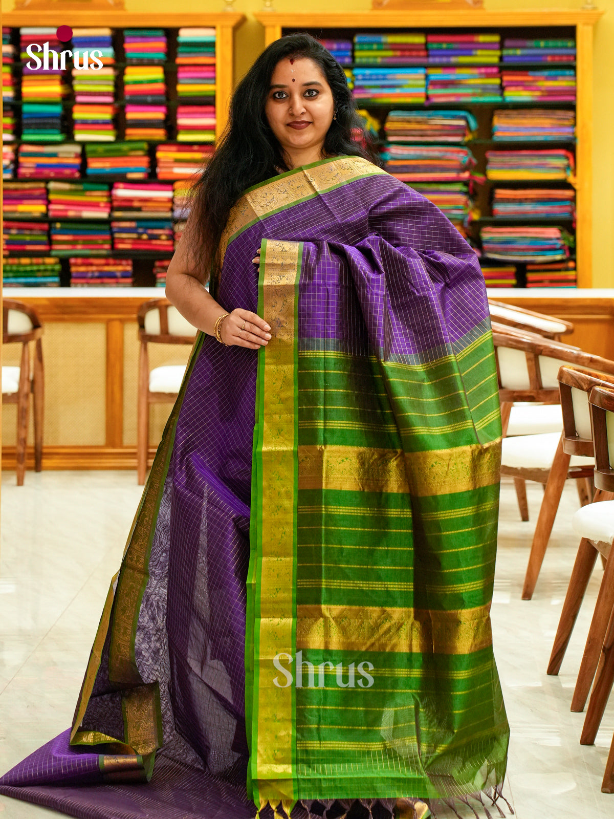 Violet Silk Cotton Saree with Checks | Green Contrast Border