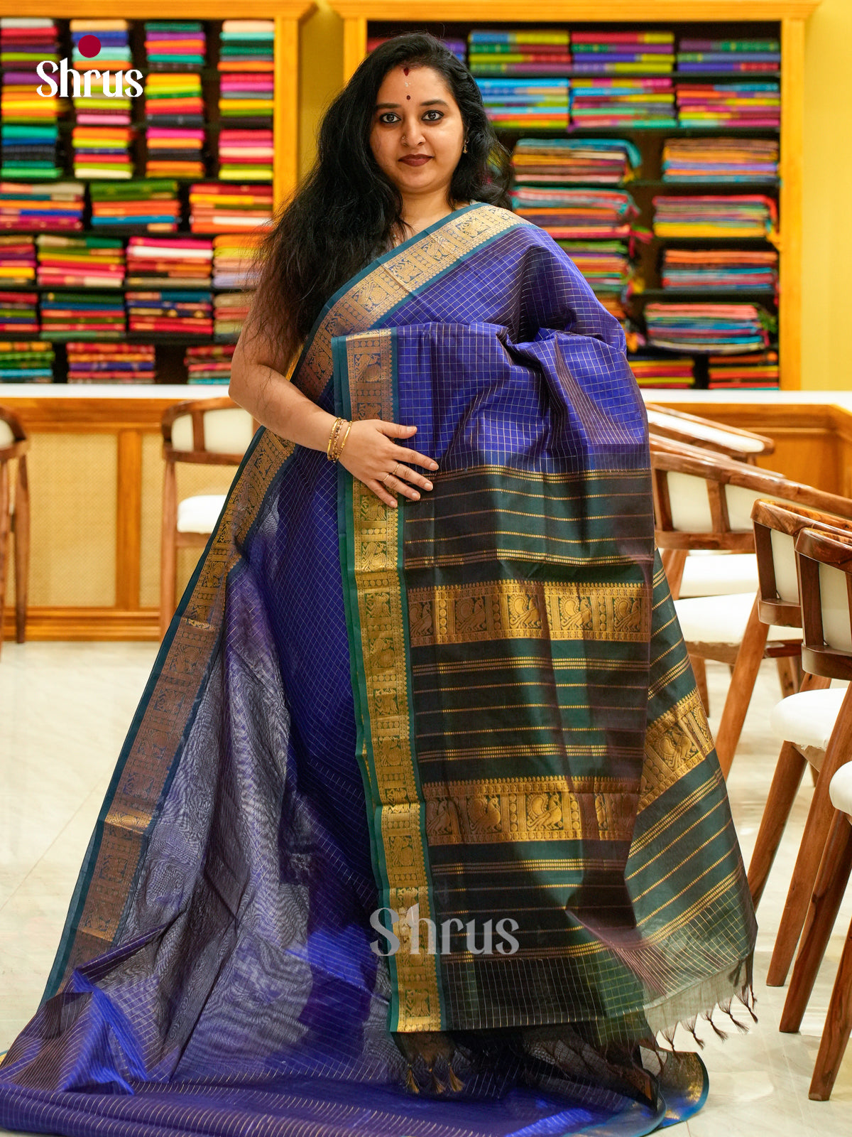 Blue Silk Cotton Saree with Checks | Bottle Green Contrast Border