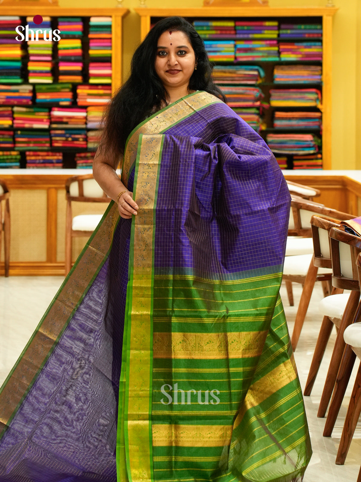 Blue Silk Cotton Saree with Checks | Green Contrast Border