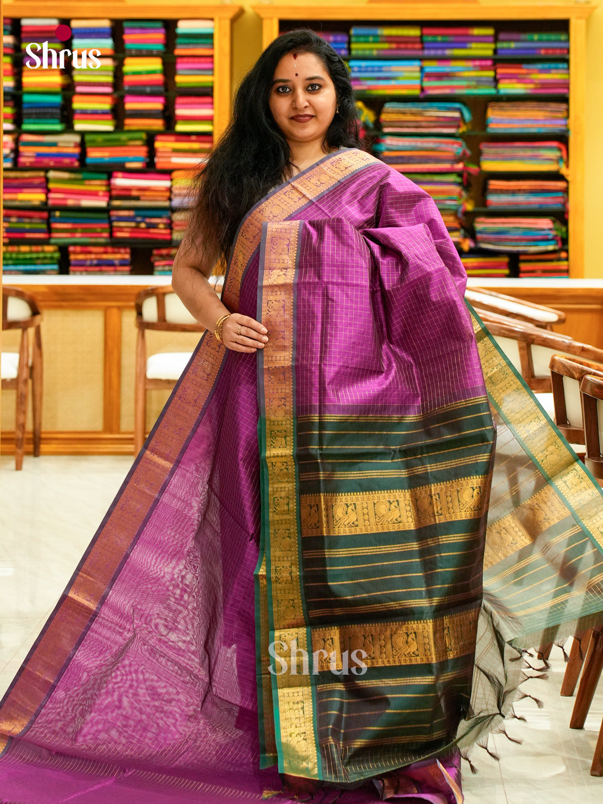 Pink Silk Cotton Saree with Checks | Bottle Green Contrast Border — Contrast Border with Motifs