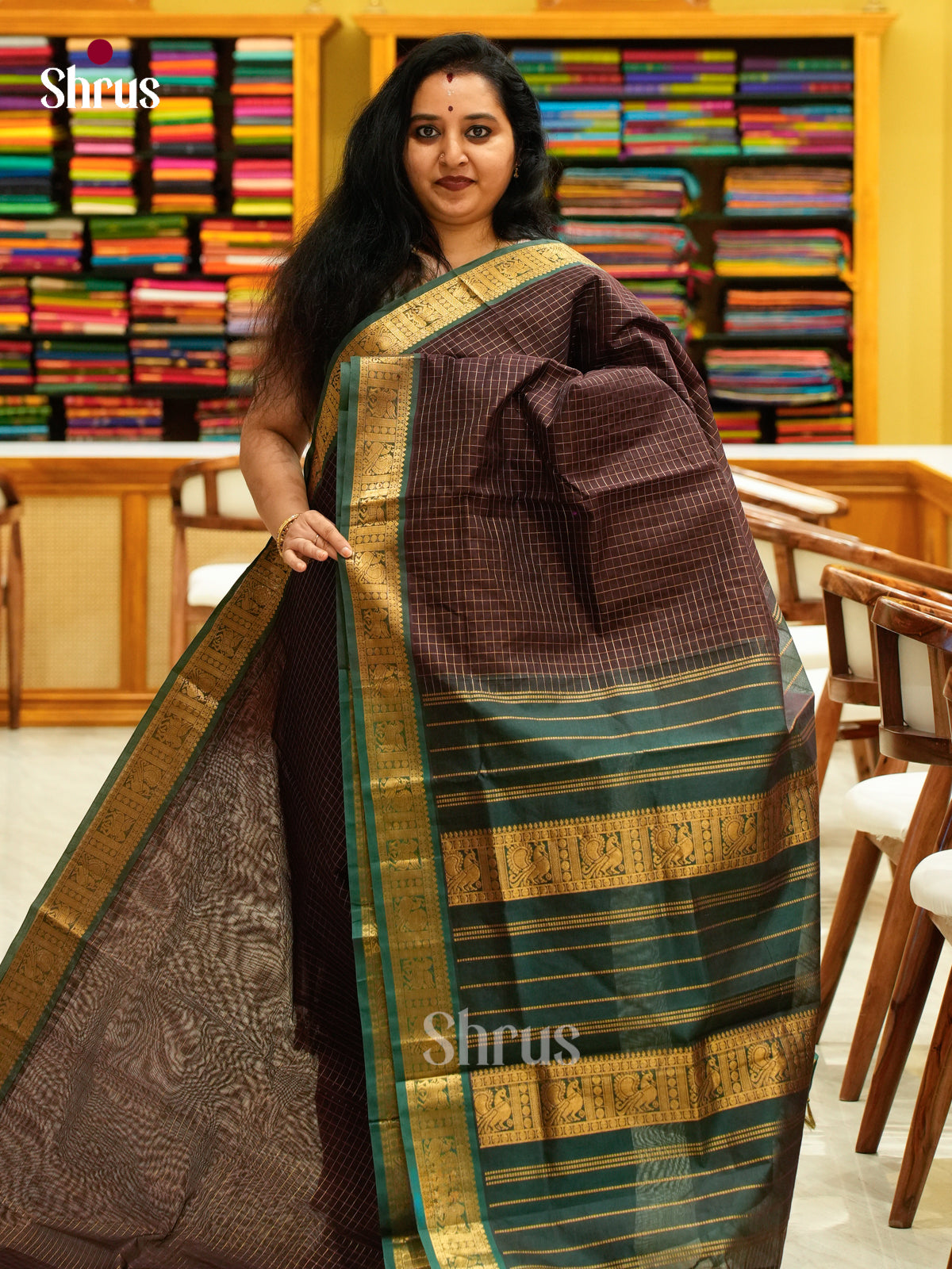 Dark Brown Silk Cotton Saree with Checks | Bottle Green Contrast Border