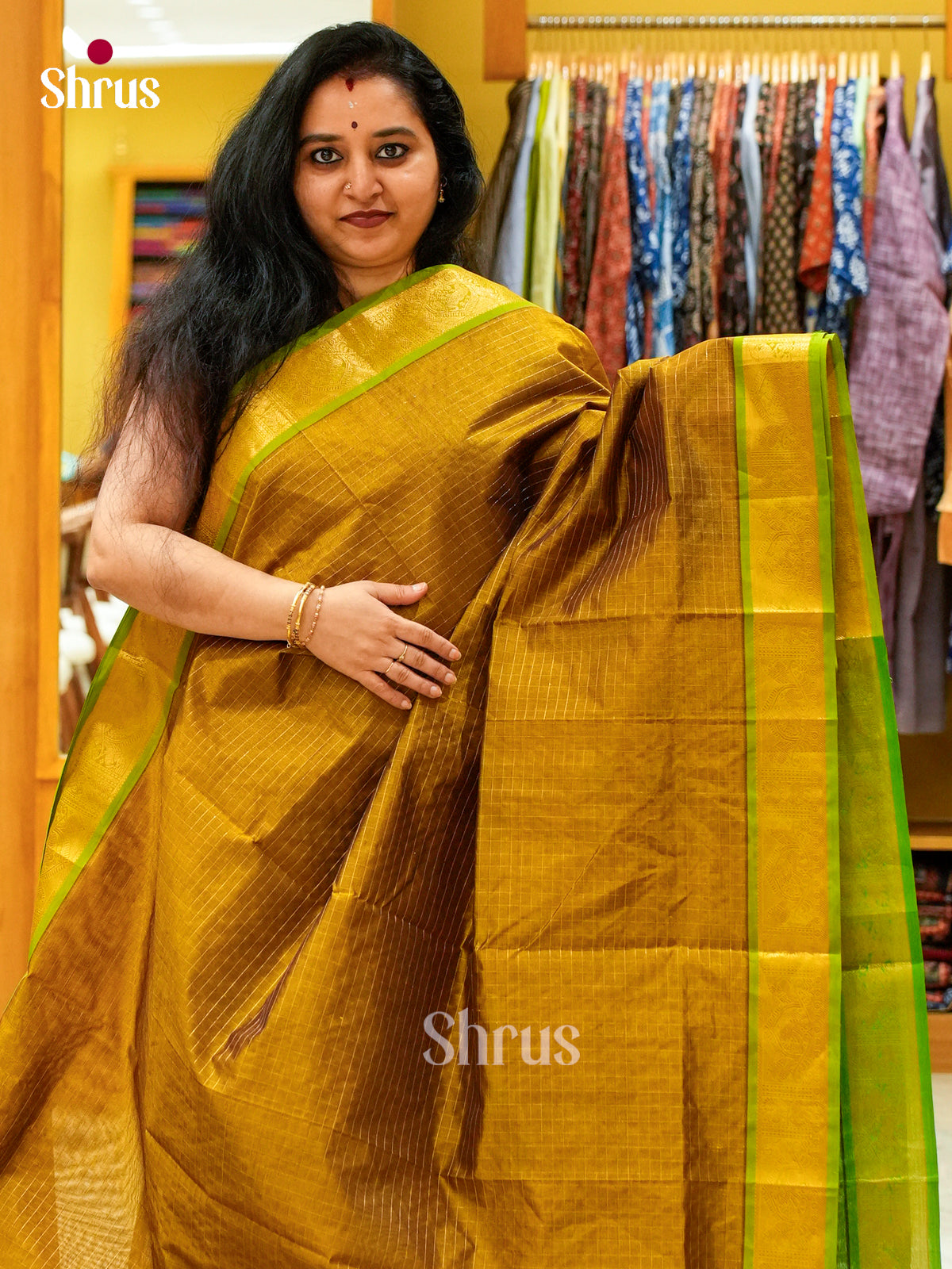 Mehandi Green Silk Cotton Saree with Checks | Green Contrast Border